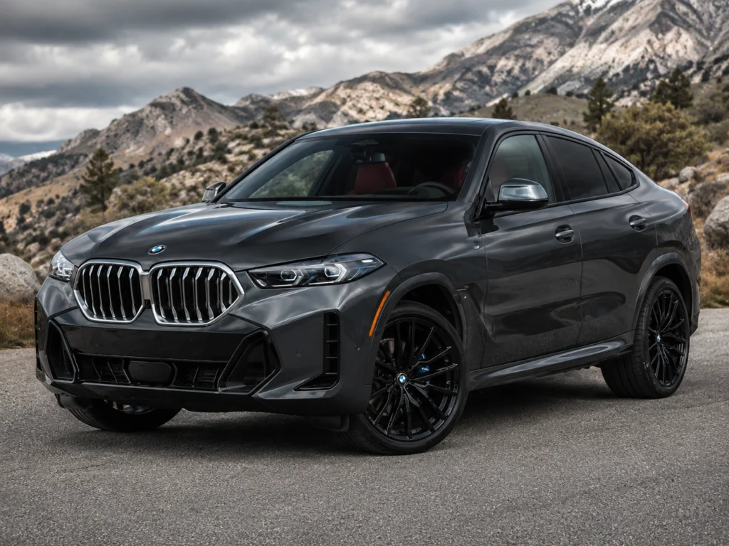 BMW X6 in dark gray with mountain sunset background